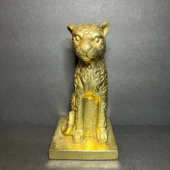 Decorative Gold Tone Metal Wildcat Cheetah Leopard Statue Figure Bookend 6.5" - Picture 1 of 6